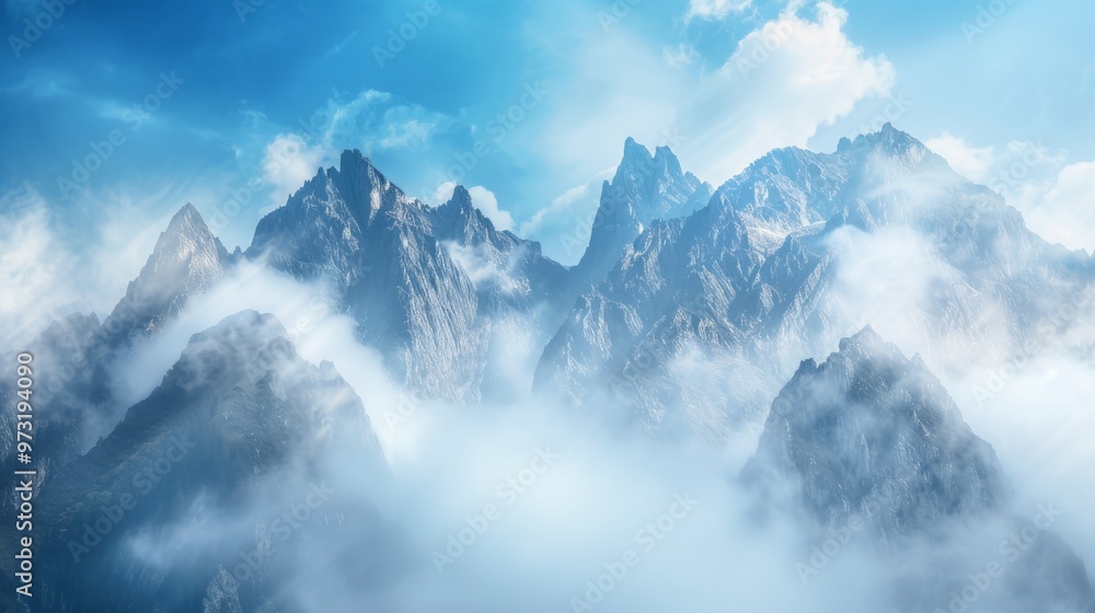 Dramatic view of towering mountain peaks emerging through misty clouds under a bright blue sky, creating a sense of awe and grandeur. Close-up photo with clean background Dramatic view of towering mountain peaks emerging through misty clouds under a bright blue sky, creating a sense of awe and grandeur. Close-up photo with clean background