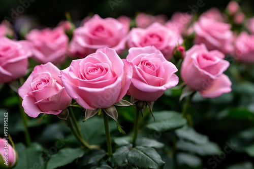 A serene garden of pink roses, each flower representing a survivor of breast cancer, blooming with hope and resilience