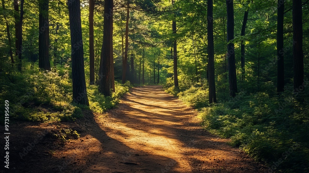 Obraz premium A sunny forest trail winds through lush trees, casting intricate shadows in the warm glow of the sun.