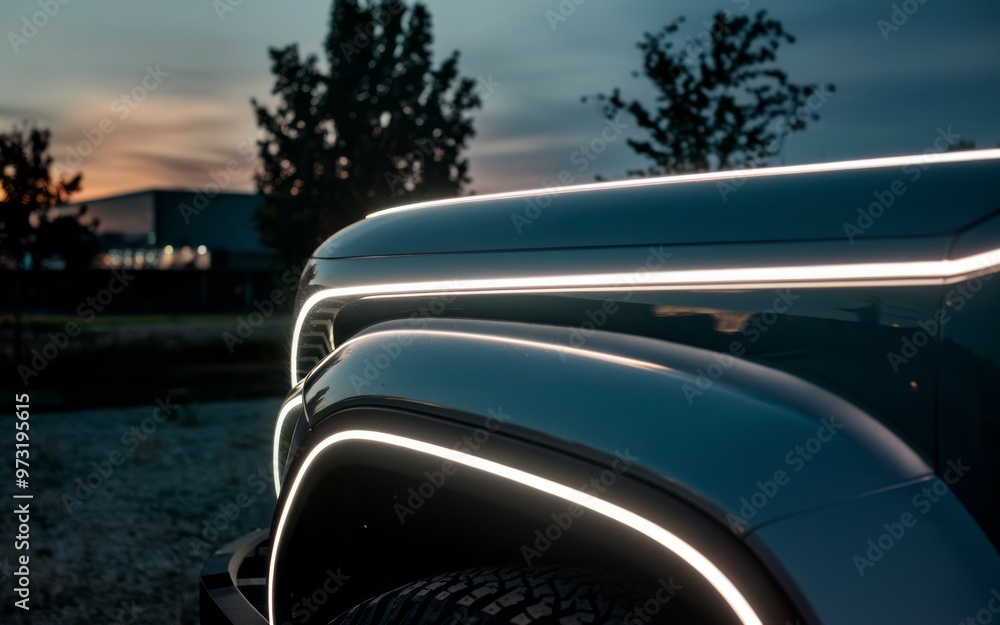 Obraz premium Car illuminated. Closeup of a car's fender with glowing lines of light, showcasing modern automotive design.