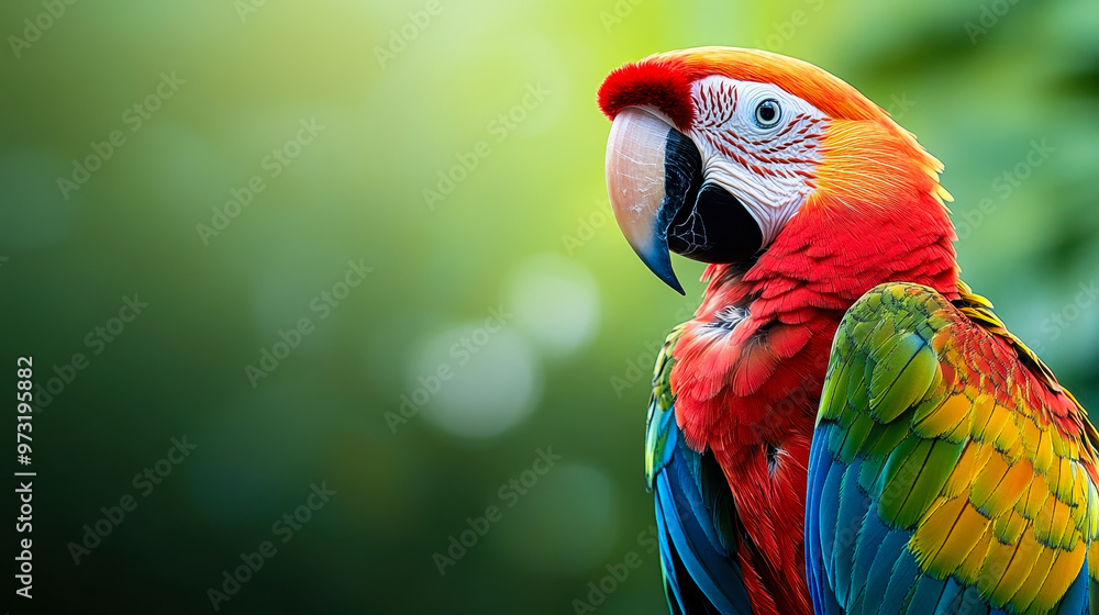 Vibrant Close-Up of Colorful Macaw Parrot with Blurred Green Background in Natural Habitat Vibrant Close-Up of Colorful Macaw Parrot with Blurred Green Background in Natural Habitat