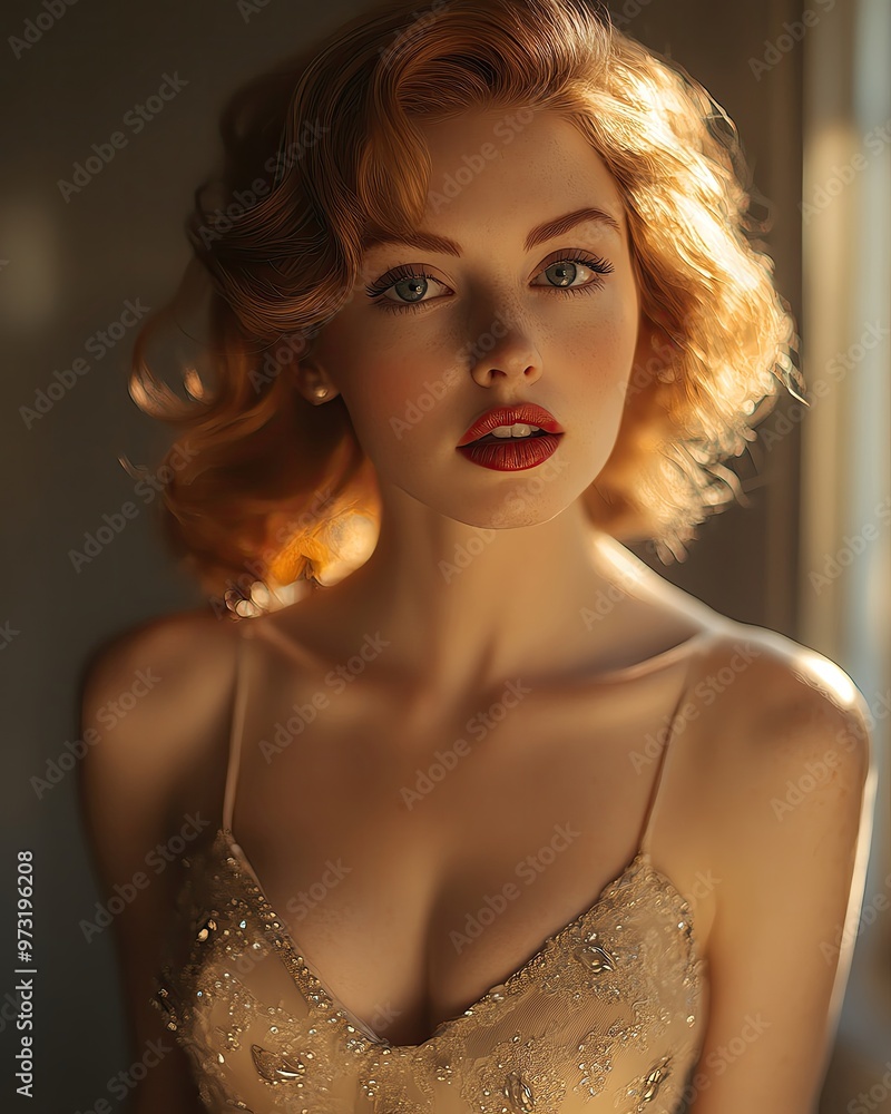 Naklejka premium Stunning portrait of a young woman with glamorous makeup, elegant hairstyle, and captivating expression in soft natural light.