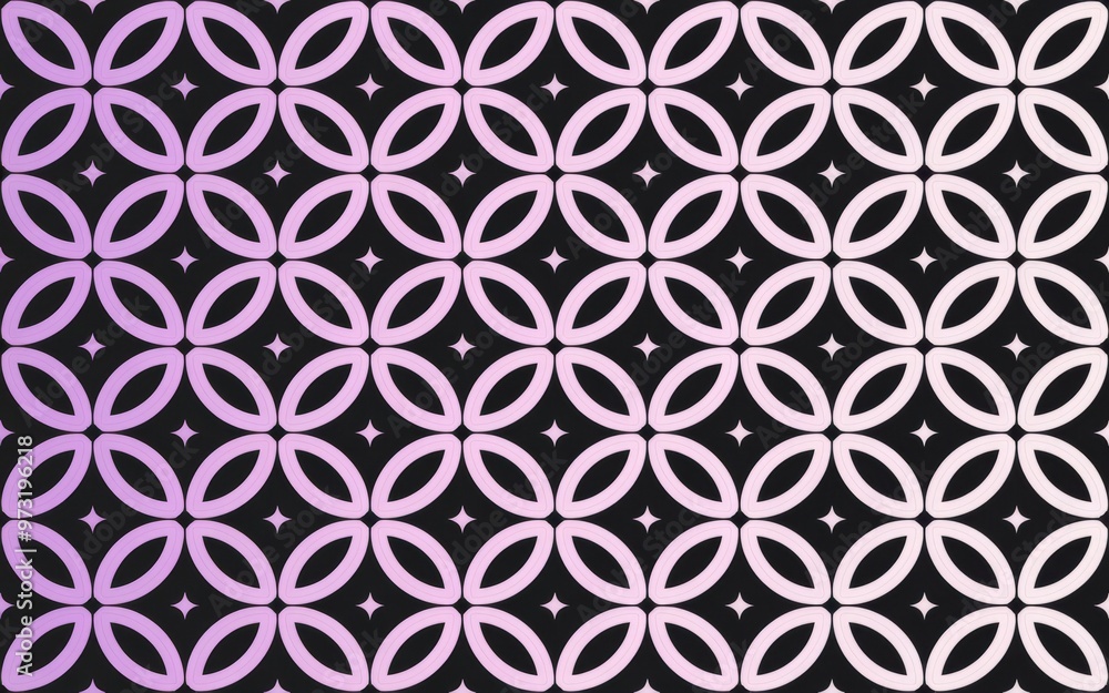 Geometric purple pattern. Repeating geometric design with interlocking circles and stars in purple and black. Geometric purple pattern. Repeating geometric design with interlocking circles and stars in purple and black.