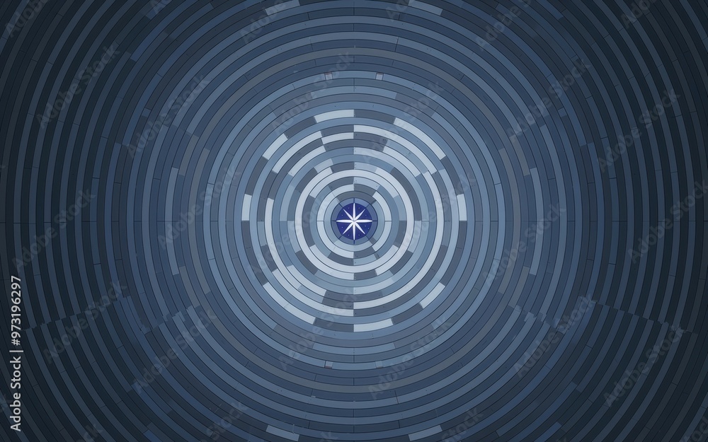 Circular pattern blue. Abstract blue concentric circles pattern with a star in the center, symbolizes focus, depth and perspective. Circular pattern blue. Abstract blue concentric circles pattern with a star in the center, symbolizes focus, depth and perspective.