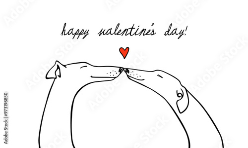 Vector illustration of hand drawn greyhound dog couple in love. Beautiful design elements, ink drawing, funny romantic illustration. Perfect for Valentine's day celebration.