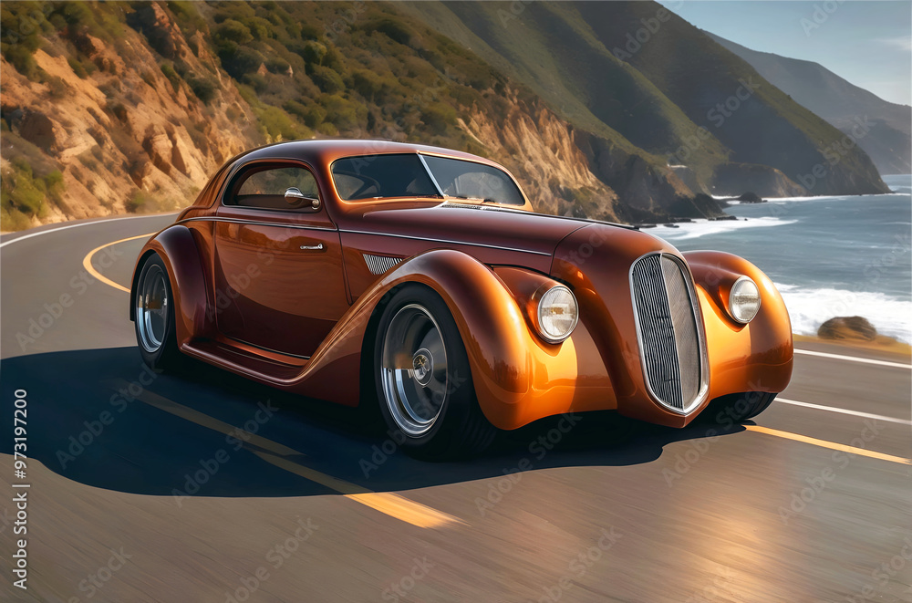 Beautiful unique red brown vintage hot rod car driving on mountain road with ocean view, automotive background, tuning template, auto transport