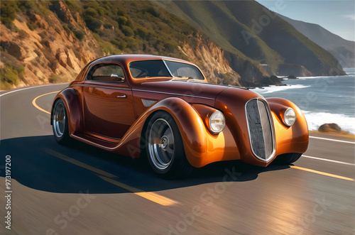Obraz na płótnie Beautiful unique red brown vintage hot rod car driving on mountain road with ocean view, automotive background, tuning template, auto transport w salonie