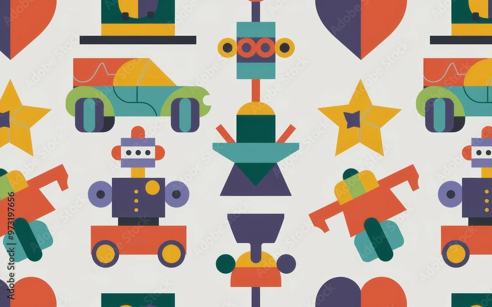 Colorful geometric pattern. Abstract geometric pattern with cars, robots, stars, hearts and other shapes. Perfect for playful, modern designs. Colorful geometric pattern. Abstract geometric pattern with cars, robots, stars, hearts and other shapes. Perfect for playful, modern designs.