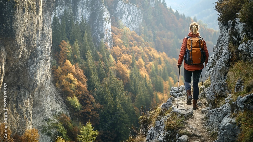 A woman hiker explores mountain trails in Slovakia, Europe. She enjoys the beauty of forests and cliffs, embracing the active lifestyle and adventure of trekking. A woman hiker explores mountain trails in Slovakia, Europe. She enjoys the beauty of forests and cliffs, embracing the active lifestyle and adventure of trekking.
