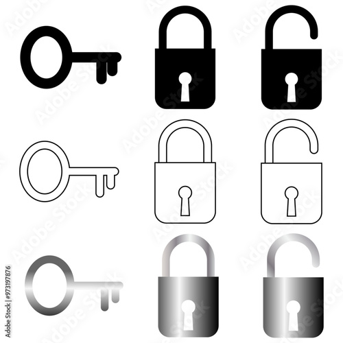 Set of padlocks or locks and key in silhouette, white with black outline and a gradient fill isolated on a transparent background