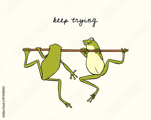 Vector illustration of hand drawn cute frogs, one of them trying to climb the branch, the other has already succeeded. Beautiful design elements, ink drawing, funny motivation illustration.