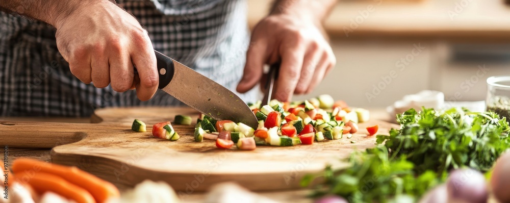 Close-up of a man chopping fresh vegetables on a wooden board in a warm kitchen setting, capturing the essence of home cooking and healthy meal preparation Close-up of a man chopping fresh vegetables on a wooden board in a warm kitchen setting, capturing the essence of home cooking and healthy meal preparation
