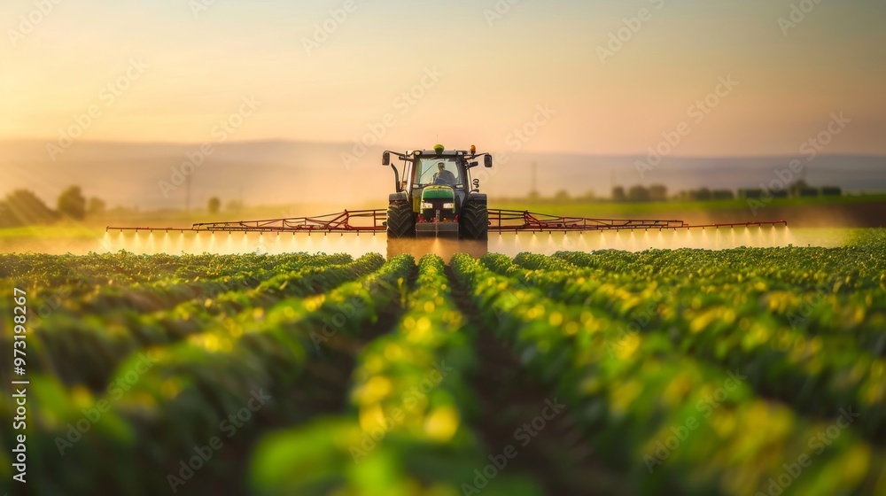 Farm tractor applying pesticide to crops with a high-tech sprayer, capturing the spray pattern and the lush greenery of the field being treated. Close-up photo with clean background Farm tractor applying pesticide to crops with a high-tech sprayer, capturing the spray pattern and the lush greenery of the field being treated. Close-up photo with clean background