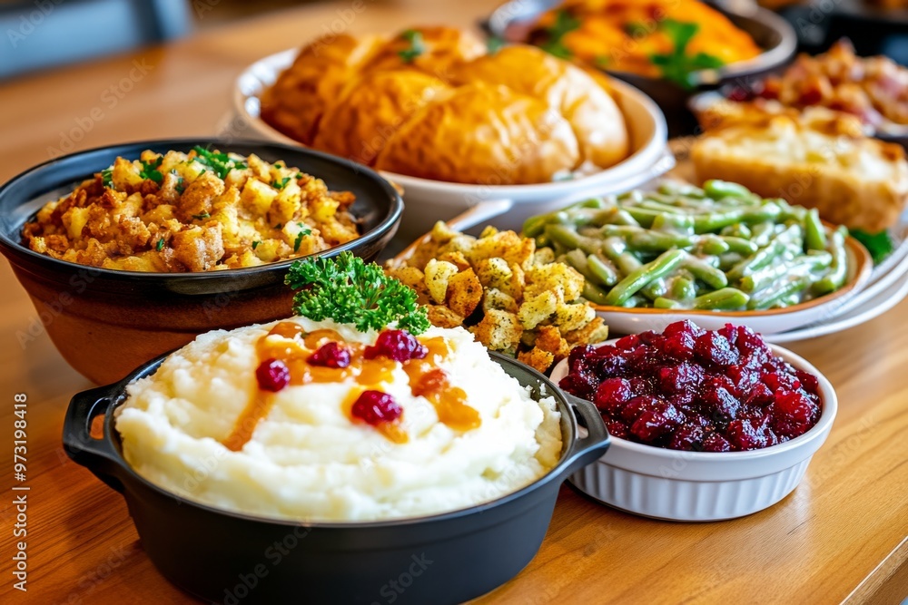 A table filled with side dishes, from mashed potatoes and gravy to cranberry sauce and green bean casserole