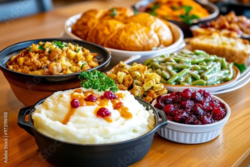 A table filled with side dishes, from mashed potatoes and gravy to cranberry sauce and green bean casserole