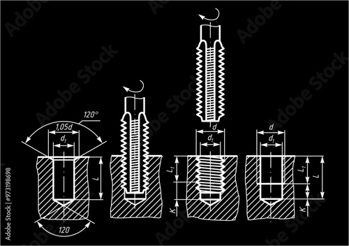 Vector engineering cad drawing of a mechanical part (steel bolt)
with thread. Computer aided design of machine parts 
with dimension lines. 
Technical cad background. Template of screw.