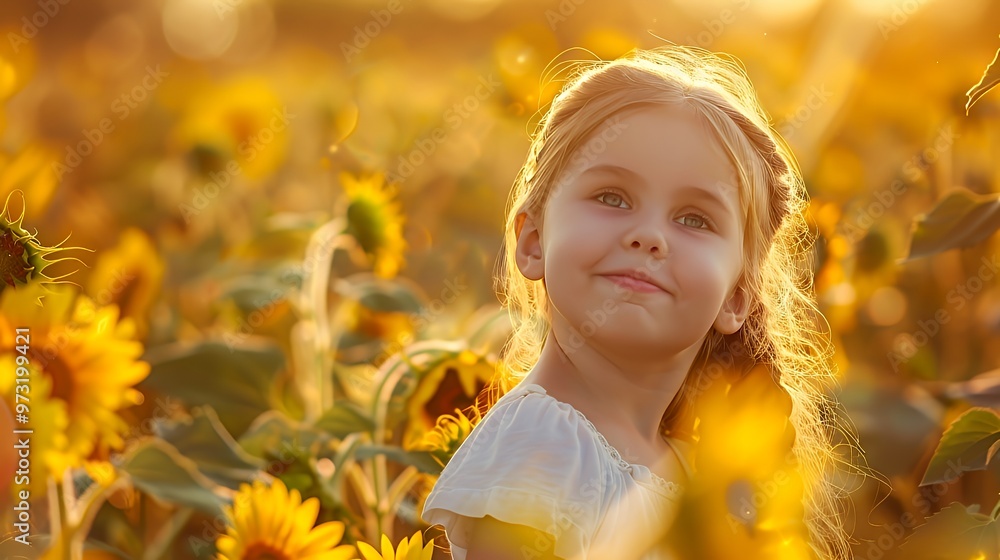 Little girl smiling in a field of sunflowers. Little girl smiling in a field of sunflowers.