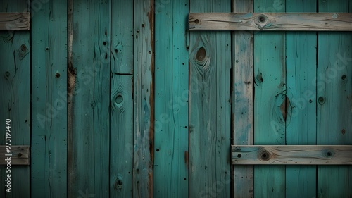 Vintage beach wood background - Old weathered wooden plank painted in turquoise or blue sea color. Generative AI