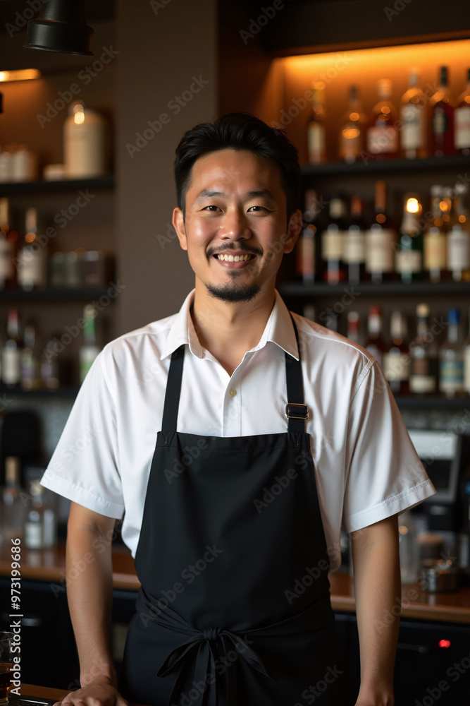 Fototapeta premium A handsome Asian male bartender wearing an apron stands behind the bar counter.