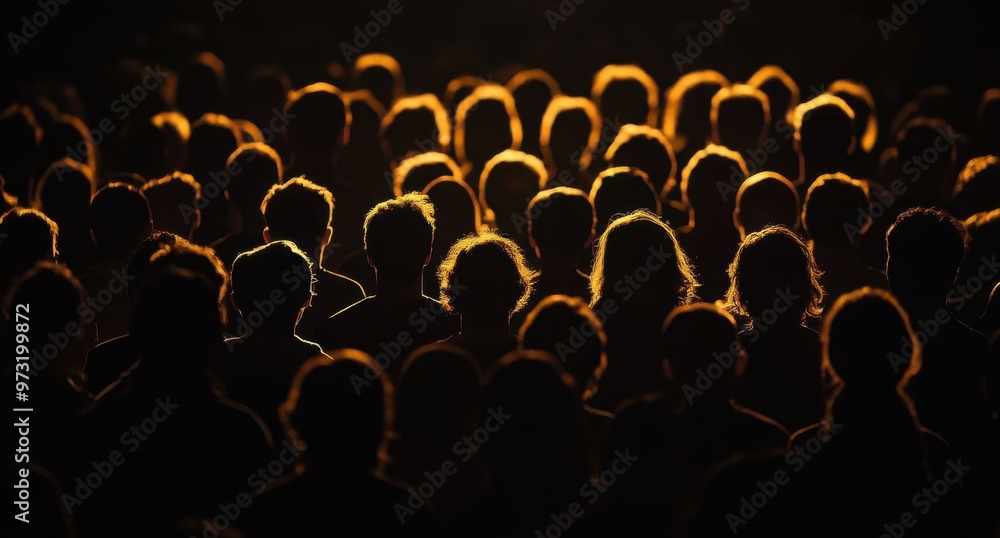 Obraz premium A crowd of people silhouetted against the black background, illuminated by warm golden light from their faces and bodies Generative AI