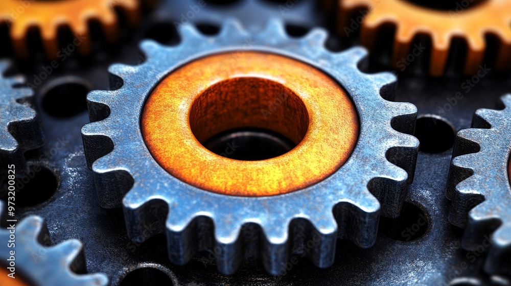 A close-up view of interlocking gears showcasing intricate details and textures, symbolizing precision engineering and teamwork.