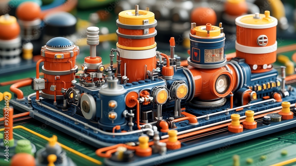 Fototapeta premium A colorful miniature factory scene featuring vivid pipes, tanks, and machinery, showcasing intricate industrial design.