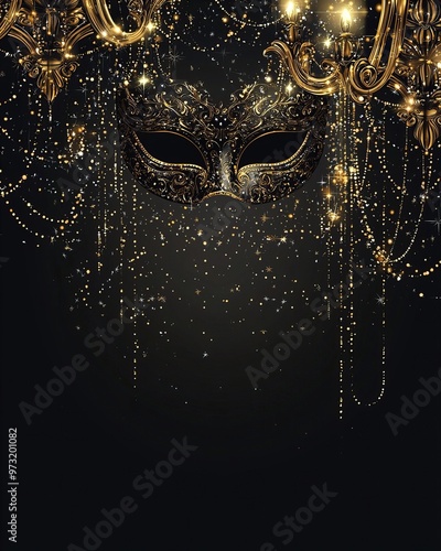 Wallpaper Mural Glamorous Halloween card, black and gold color scheme, elegant masquerade masks, ornate chandeliers, and sparkling stars. Torontodigital.ca