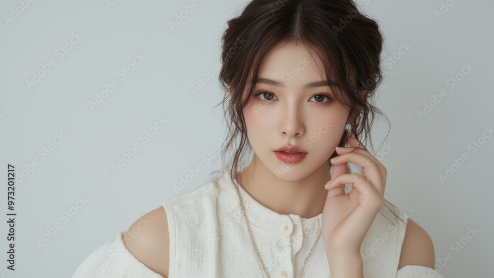 Beautiful Young Woman with Long Brown Hair and White Blouse Beautiful Young Woman with Long Brown Hair and White Blouse