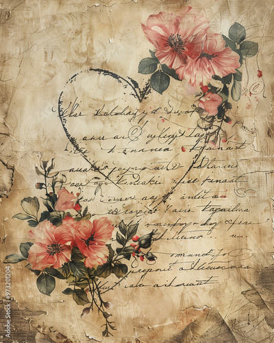 Heart with pink flowers vintage style scrapbooking