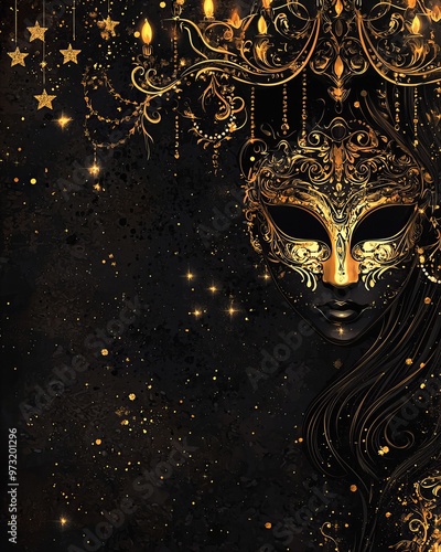Wallpaper Mural Glamorous Halloween card, black and gold color scheme, elegant masquerade masks, ornate chandeliers, and sparkling stars. Torontodigital.ca