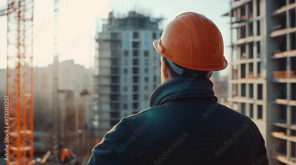 Construction Worker Overseeing Building Site with Hard Hat Construction Worker Overseeing Building Site with Hard Hat