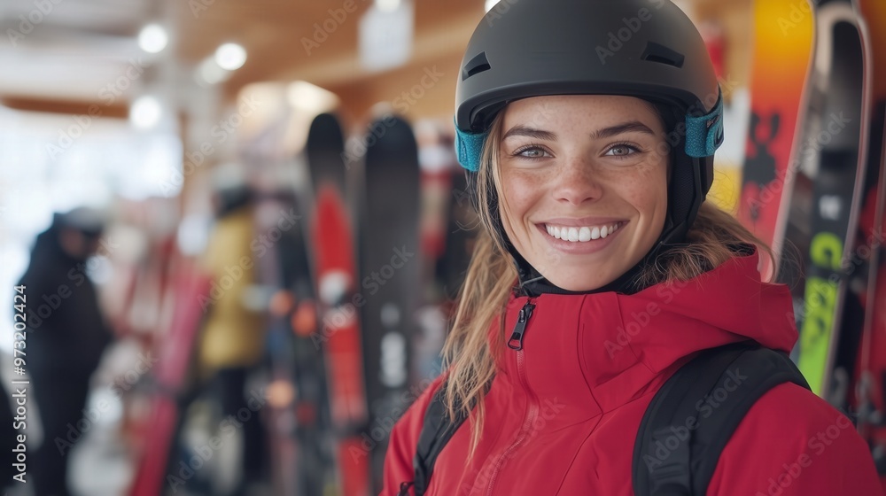 Winter adventure: woman in red jacket with black helmet smiling in ski shop setting Winter adventure: woman in red jacket with black helmet smiling in ski shop setting