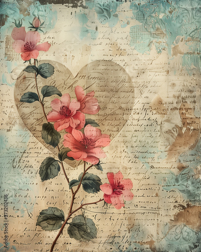 Heart with pink flowers vintage style scrapbooking