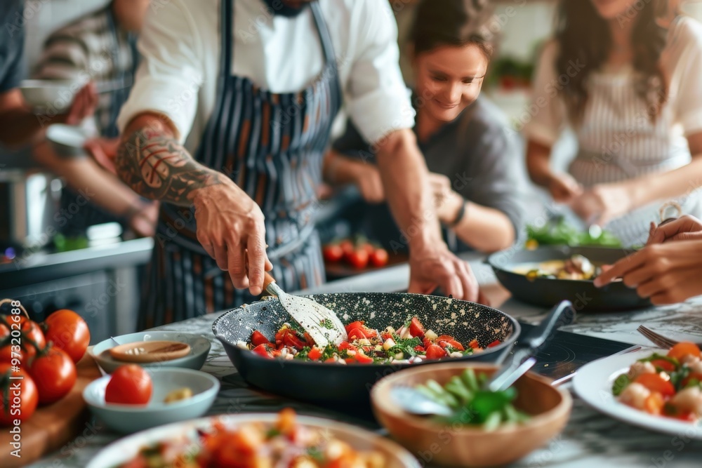 A man is cooking food on a wooden table with a variety of ingredients, generative ai image A man is cooking food on a wooden table with a variety of ingredients, generative ai image