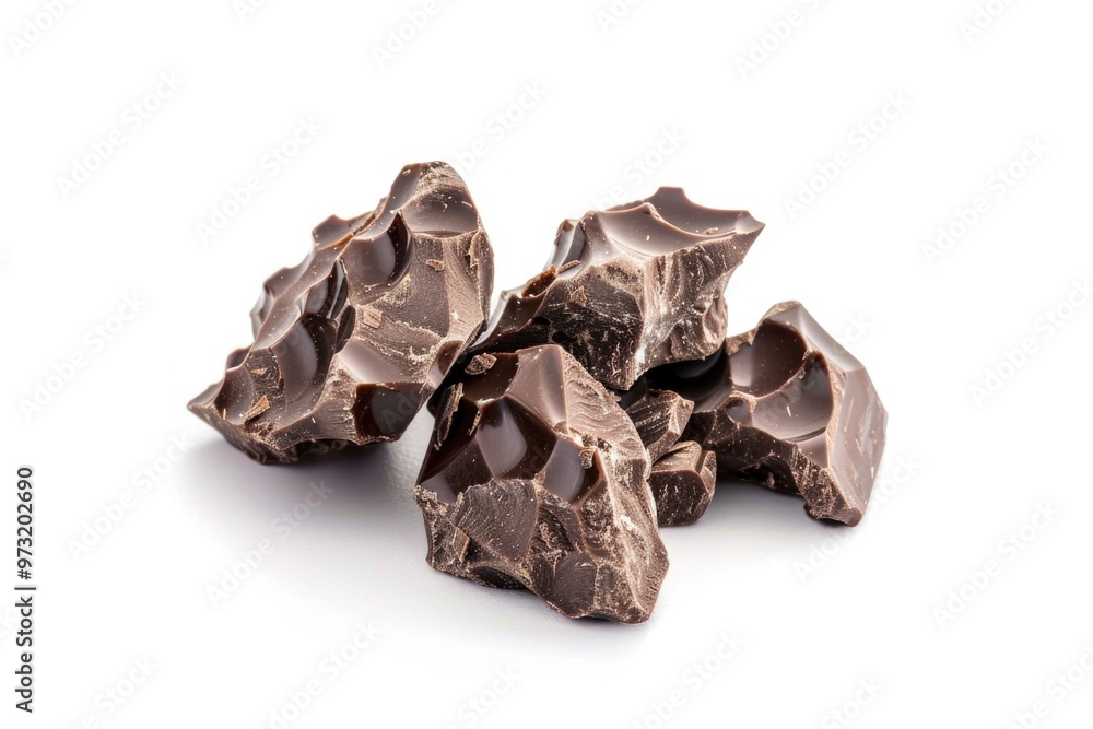A collection of chocolate pieces arranged on a clean white surface A collection of chocolate pieces arranged on a clean white surface