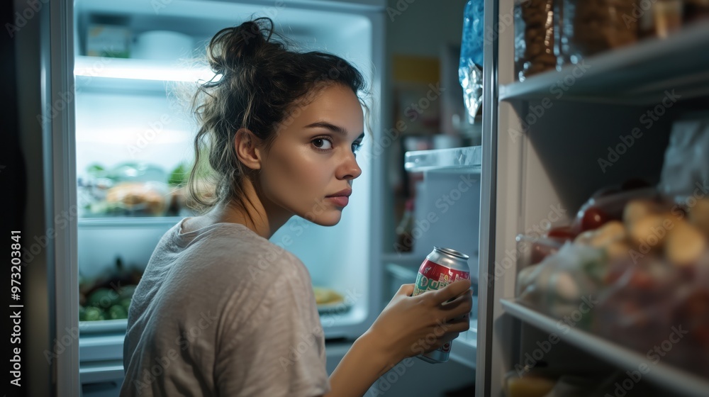Evening fridge search: woman with beverage amid fresh produce , binge eating, night hunger Evening fridge search: woman with beverage amid fresh produce , binge eating, night hunger