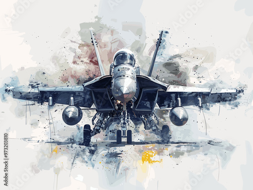 Military fighter jet on the background of an oil painting. Illustration photo