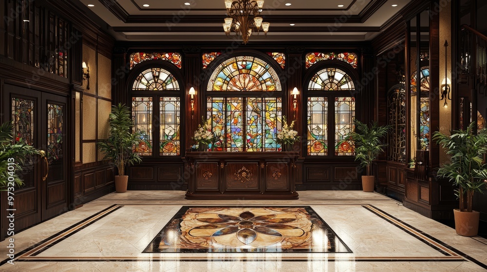 Fototapeta premium An interior design concept for a boutique hotel lobby, featuring stained glass windows, ornate woodwork, and floral decorations in the Art Nouveau style