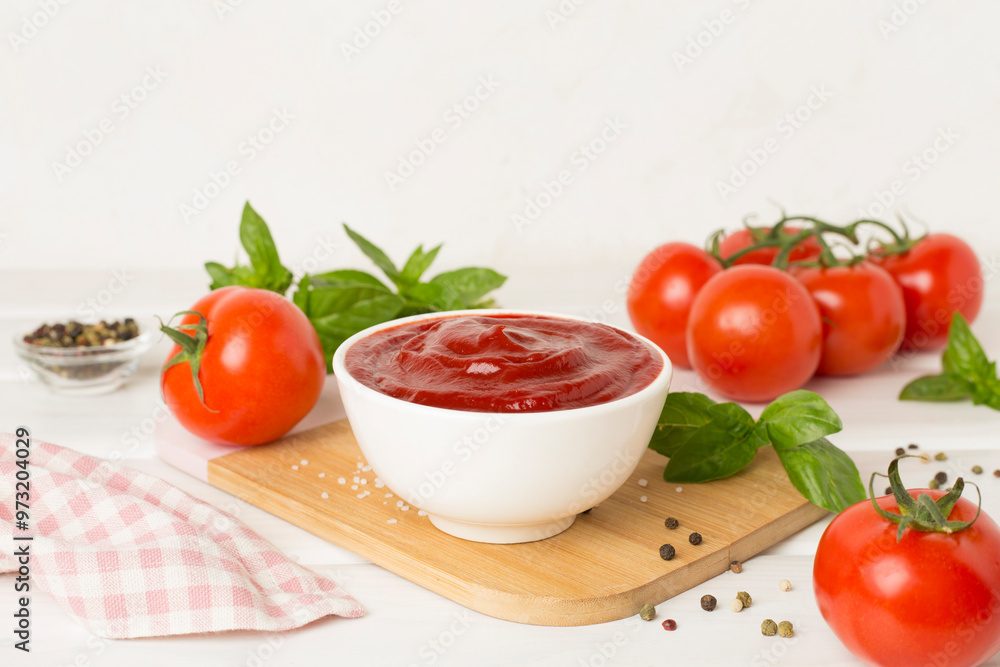 Delicious ketchup with spices and tomatoes on wooden table Delicious ketchup with spices and tomatoes on wooden table