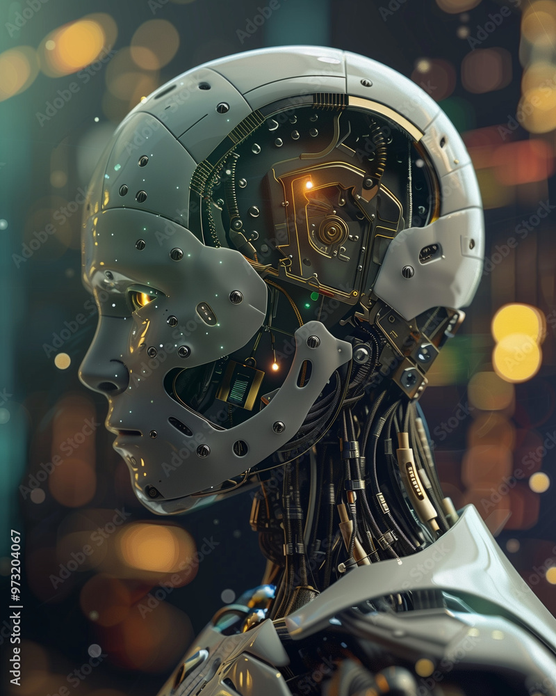 A woman's face is made of electronic circuitry and is lit up with bright colors. A woman's face is made of electronic circuitry and is lit up with bright colors.