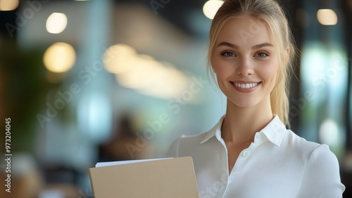 Smiling Businesswoman Holding Folder in Office