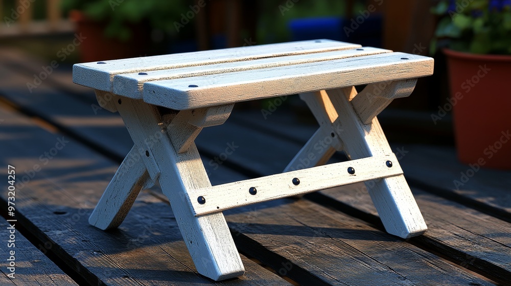 A simple white wooden stool resting on a sunlit wooden deck, perfect for outdoor spaces or minimalist decor. A simple white wooden stool resting on a sunlit wooden deck, perfect for outdoor spaces or minimalist decor.