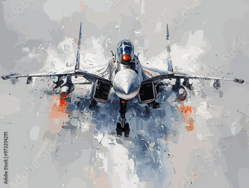 Military fighter jet on the background of an oil painting. Illustration
