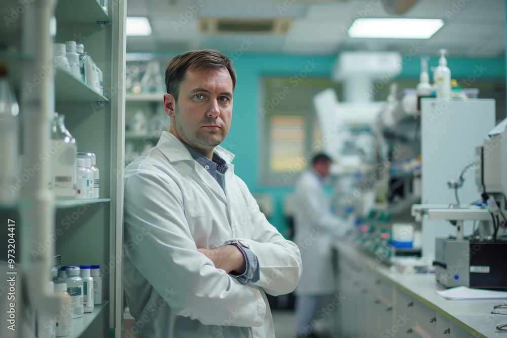 A man in a white lab coat stands in front of a shelf of bottles, generative ai image A man in a white lab coat stands in front of a shelf of bottles, generative ai image