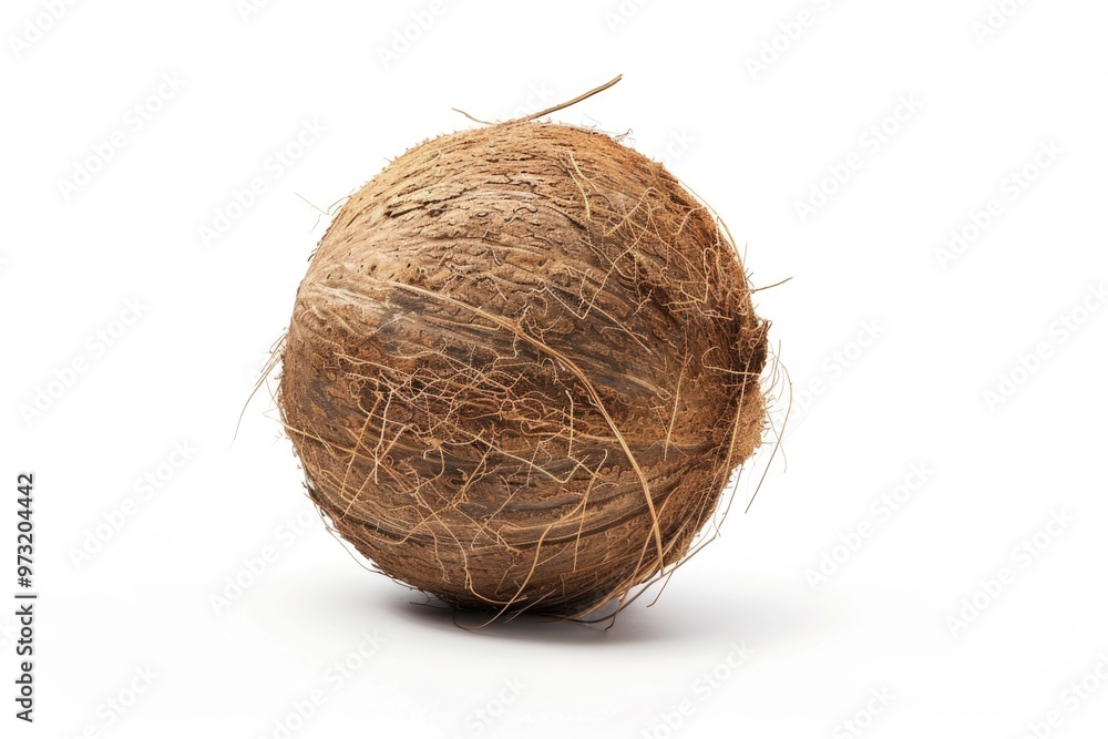 A whole coconut sitting on a white surface, waiting to be used A whole coconut sitting on a white surface, waiting to be used