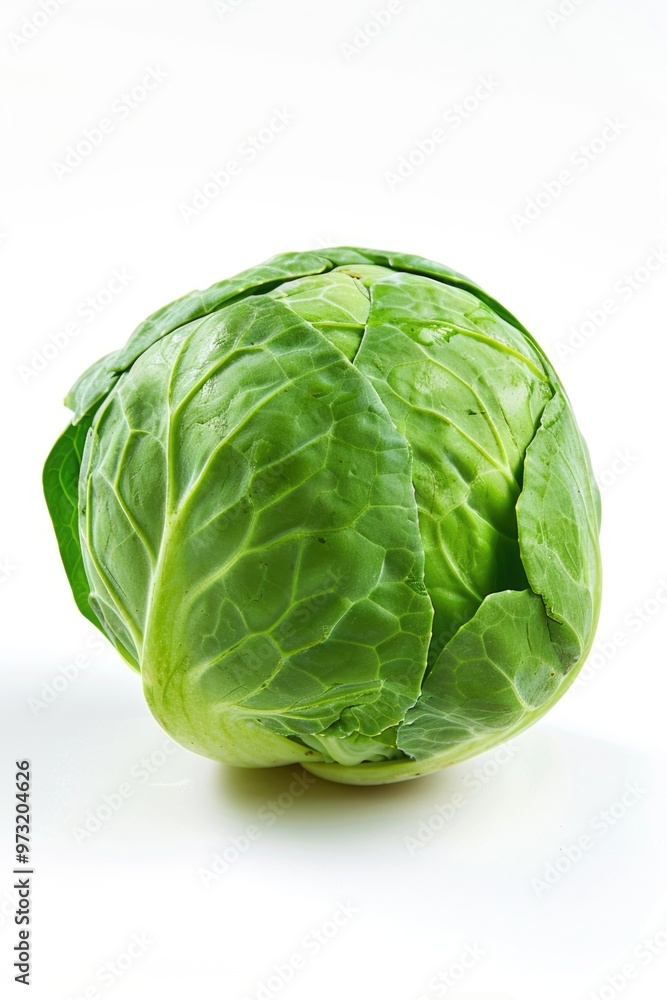 Fototapeta premium A fresh head of cabbage sits on a clean white surface, ready for use or display