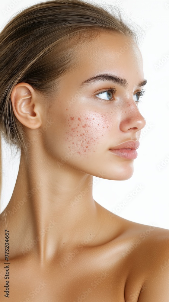 Obraz premium Portrait of young woman with skin conditions for skincare awareness and dermatological studies