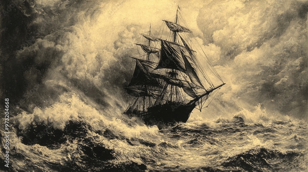 Obraz premium An old engraving of a sailing ship battling a storm at sea, with finely detailed rigging, sails, and turbulent waters to convey drama and movement