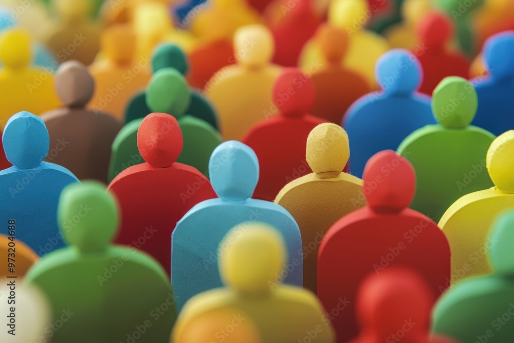 Obraz premium A vibrant display of paper cut-outs representing a large crowd of diverse individuals standing side by side in a lively atmosphere. Beautiful simple AI generated image
