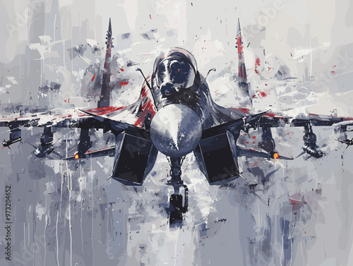 Military fighter jet on the background of an oil painting. Illustration